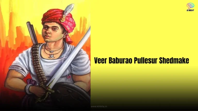 Veer Baburao Pullesur Shedmake: A heroic painting of a Gond tribal warrior in a red turban, holding a sword and shield, with a rifle slung over his shoulder.