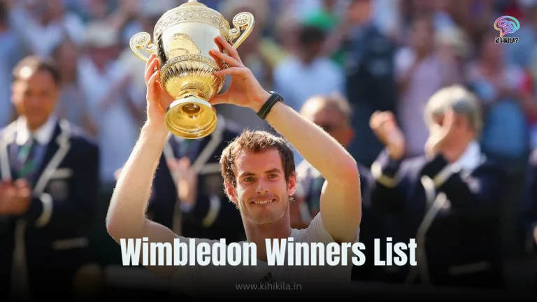 Wimbledon Winners List: A jubilant tennis player in a white outfit raising a golden Wimbledon trophy with both hands, smiling as a cheering crowd in formal attire blurs in the background.