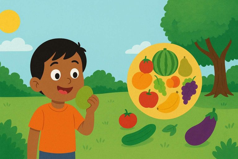 Nimai explores tasty fruits and veggies in every season—a fun guide for kids in A Colorful Journey Through Seasonal Foods.